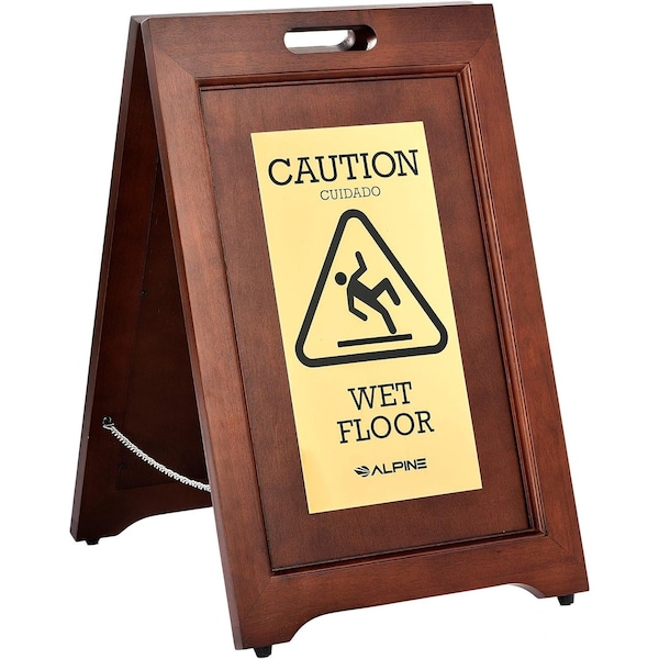 Alpine Industries Double-Sided Brass Plated Wooden Bilingual Caution Wet Floor Sign ALP499-BRA-MK - main